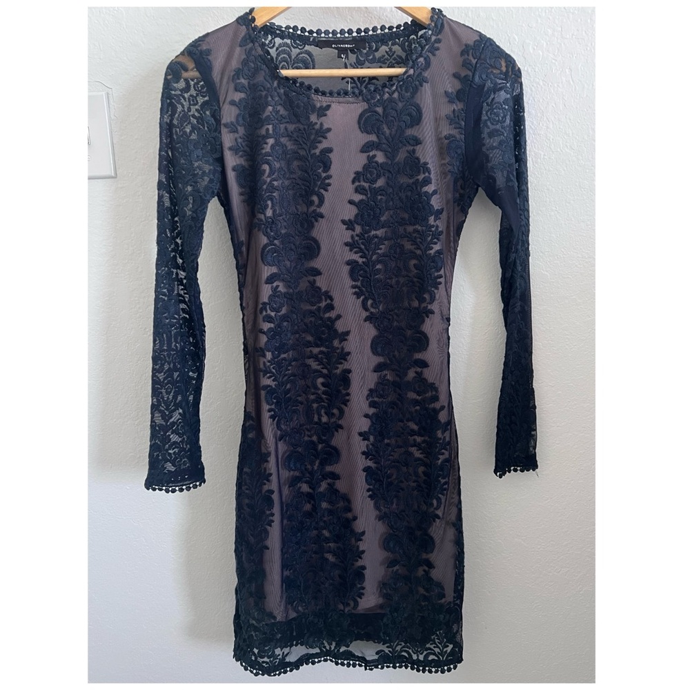 Olivaceous Navy Blue Lace Long Sleeve Midi Cocktail Dress